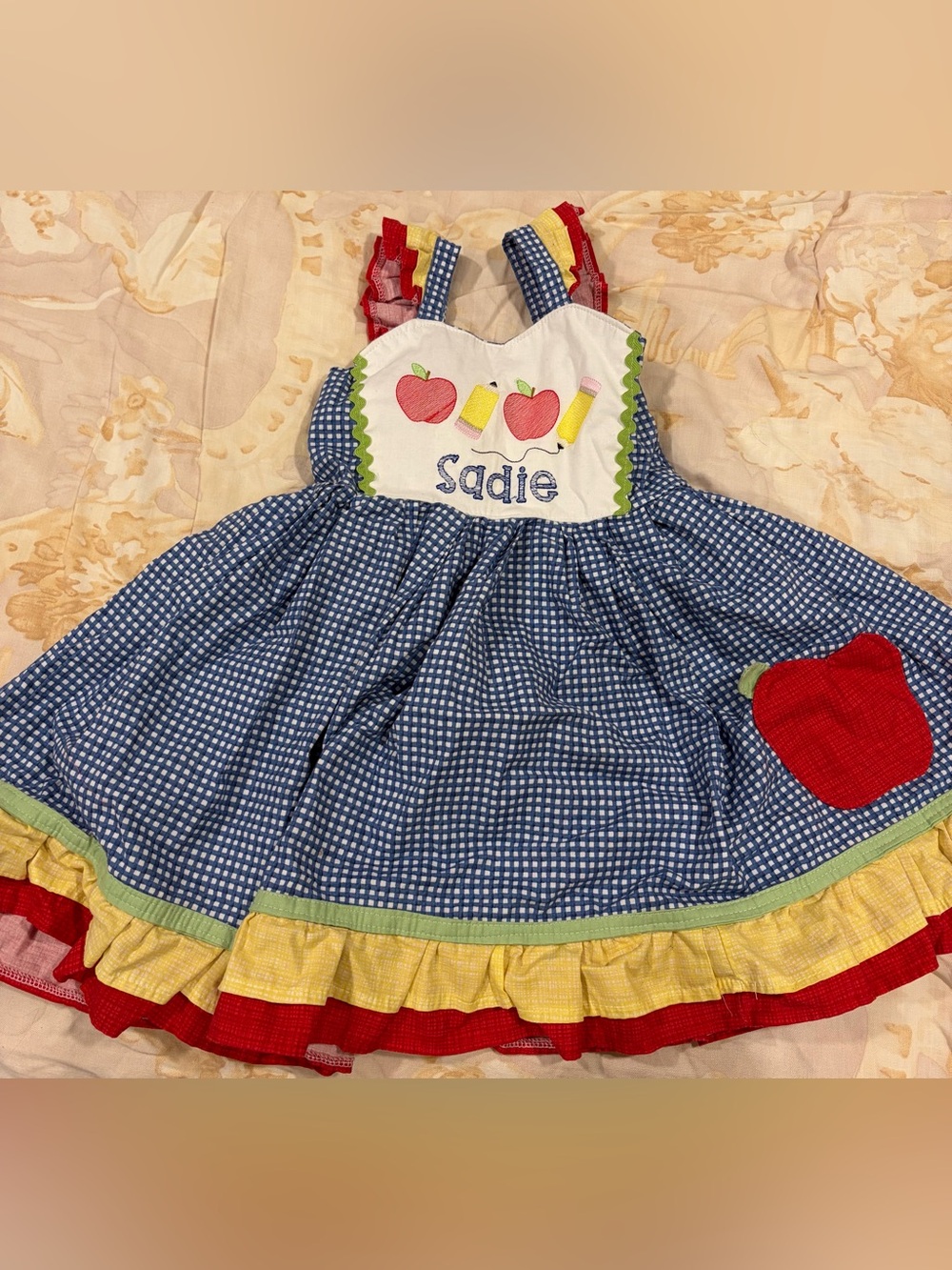 Sadie Blue Gingham Apple Patch Kids Dress with Yellow & Red Ruffle